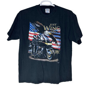 Vintage American Biker Shirt Just Wing‎ It Mens Large Eagle Motorcycle Black Y2K